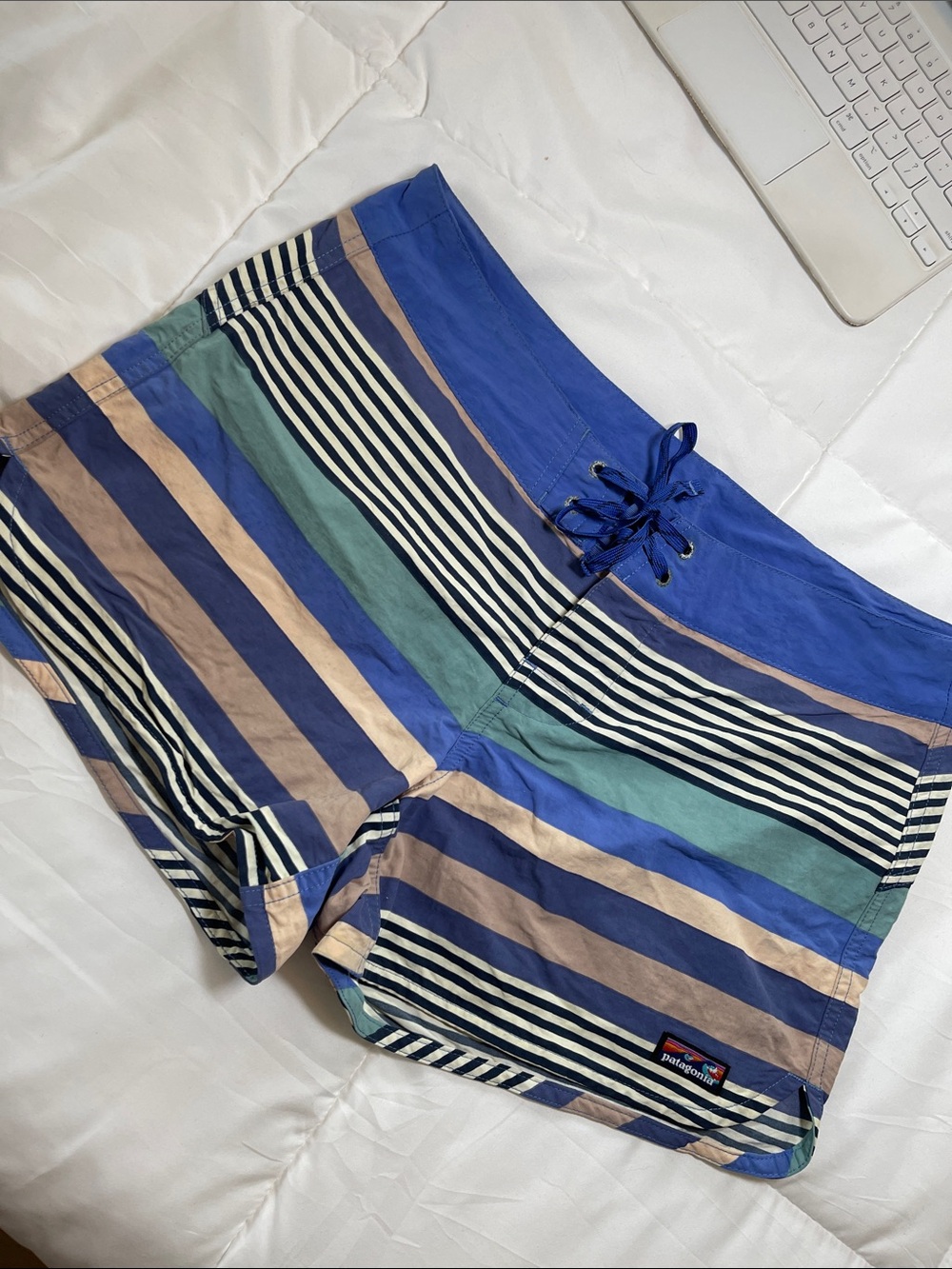 Patagonia Blue, Teal & Tan Striped Women’s Bermudas